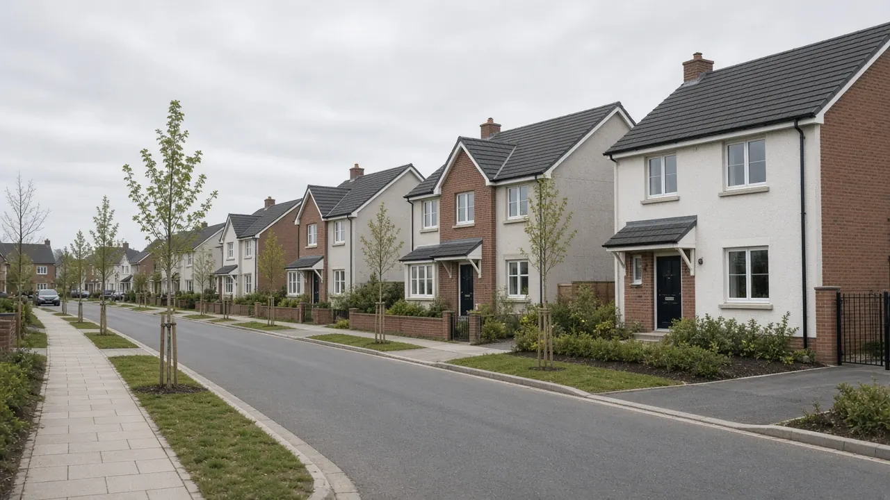 Quiet street of newly built two-storey houses on an Irish estate.