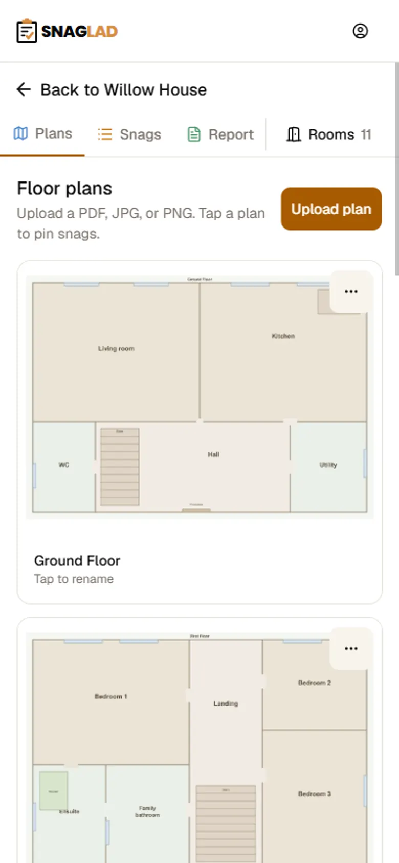 Phone view of the same Snaglad project, with inspections ready to open on site.