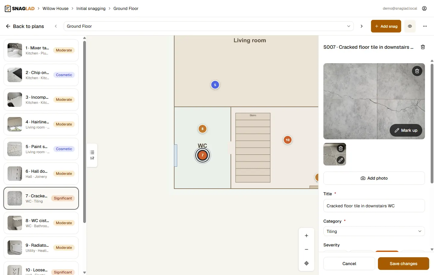 Desktop view of a snag in Snaglad with a photo, category, and short note.