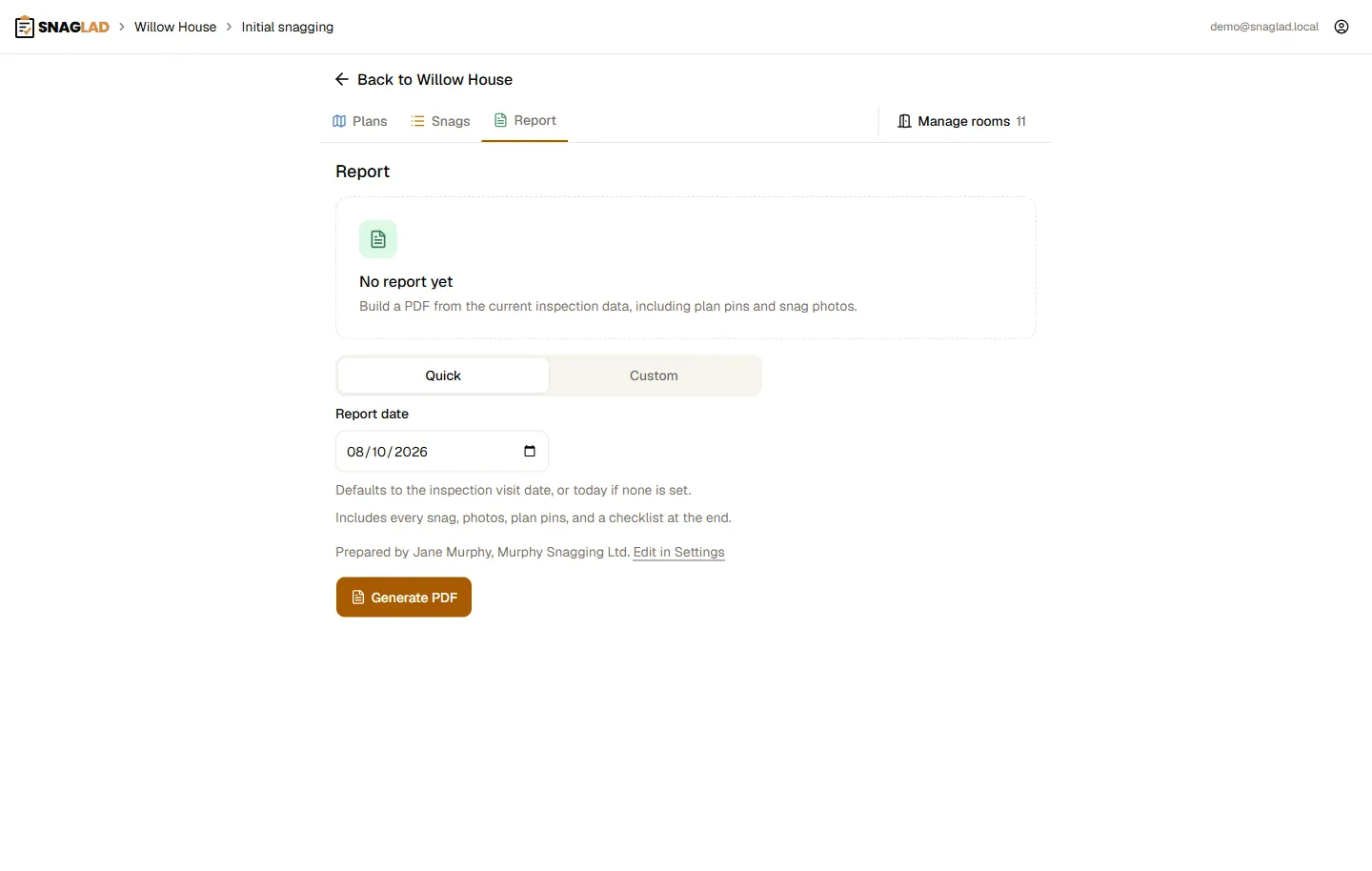 Desktop view of the Snaglad report tab, ready to generate a PDF.
