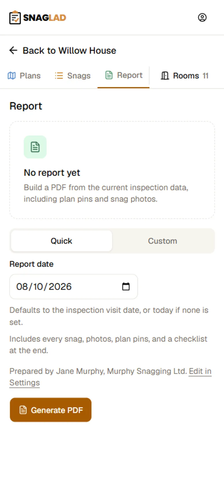 Phone view of the Snaglad report tab, ready to generate a PDF on site.