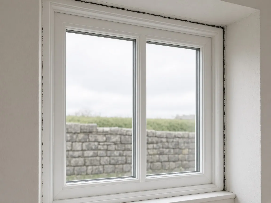 New white window frame with a gap of missing sealant along the plaster reveal.